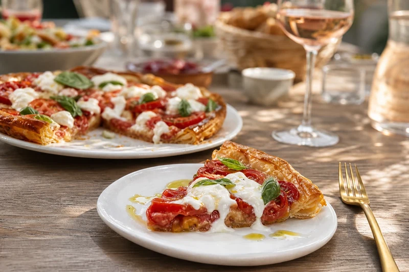 Part de tarte tomate burrata servie avec stracciatella coulante et basilic frais