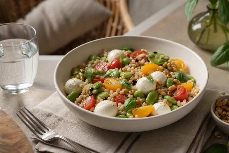 Buddha bowl estival au boulgour, tomates cerises bicolores, mozzarella di bufala et fèves