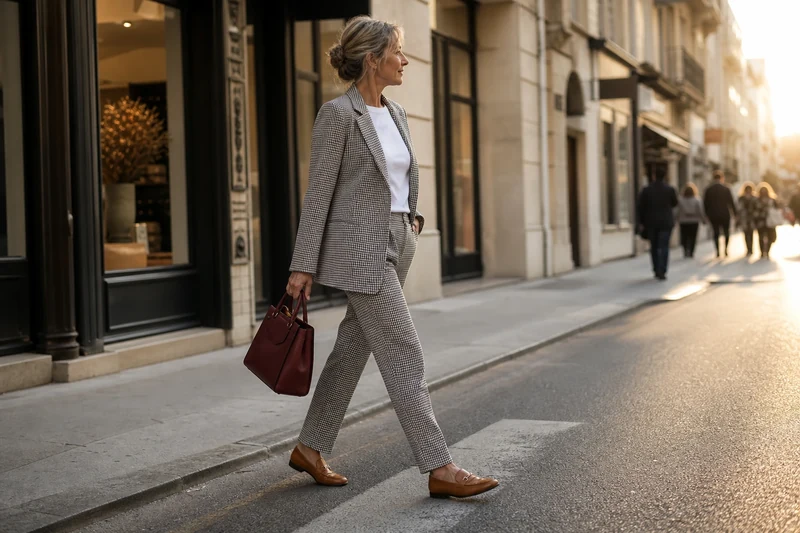 Femme cinquantenaire en tailleur-pantalon micro-vichy noir et blanc, démontrant l'élégance du vichy après 50 ans.