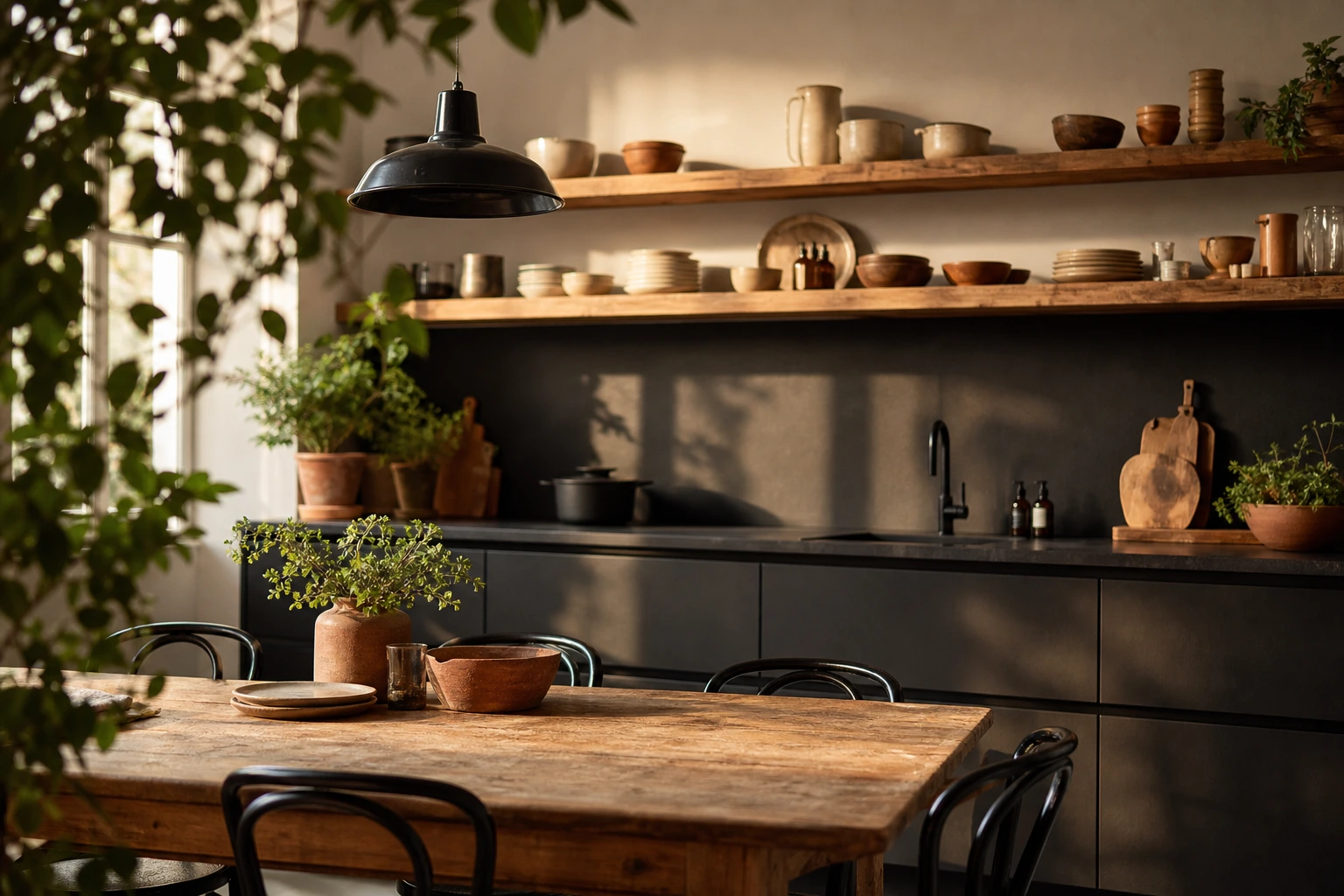 Cuisine anthracite ouverte avec étagères en chêne et plantes vertes