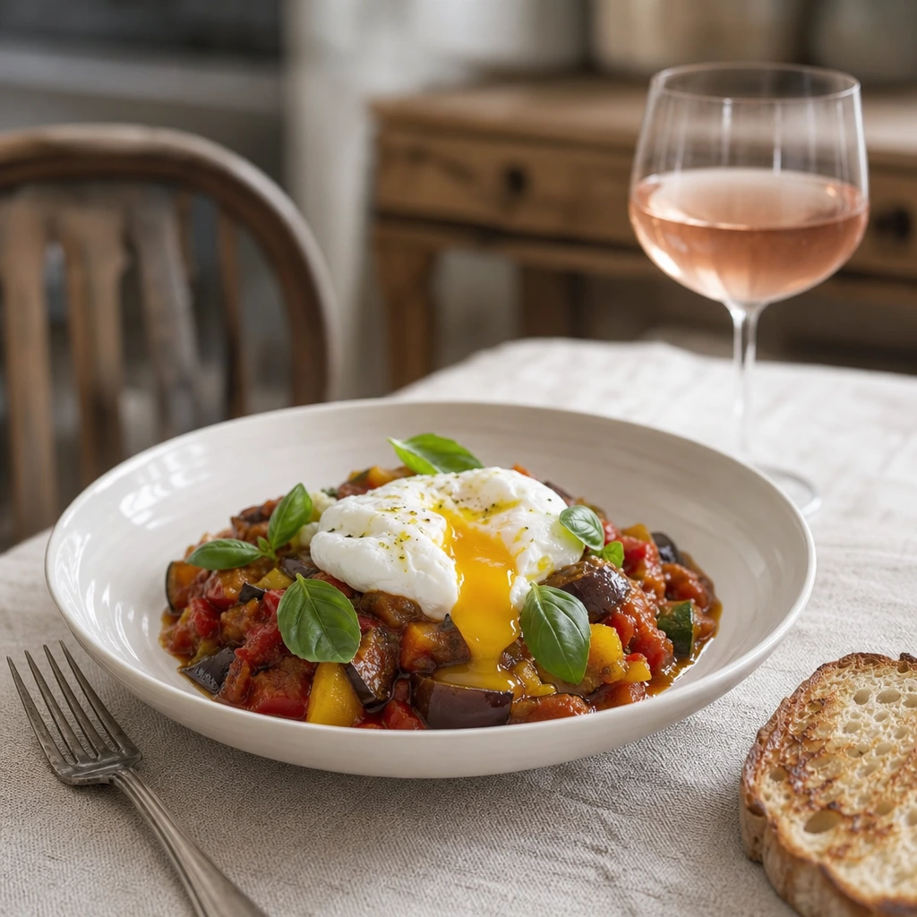 Ratatouille servie avec œuf poché, basilic frais et pain de campagne grillé