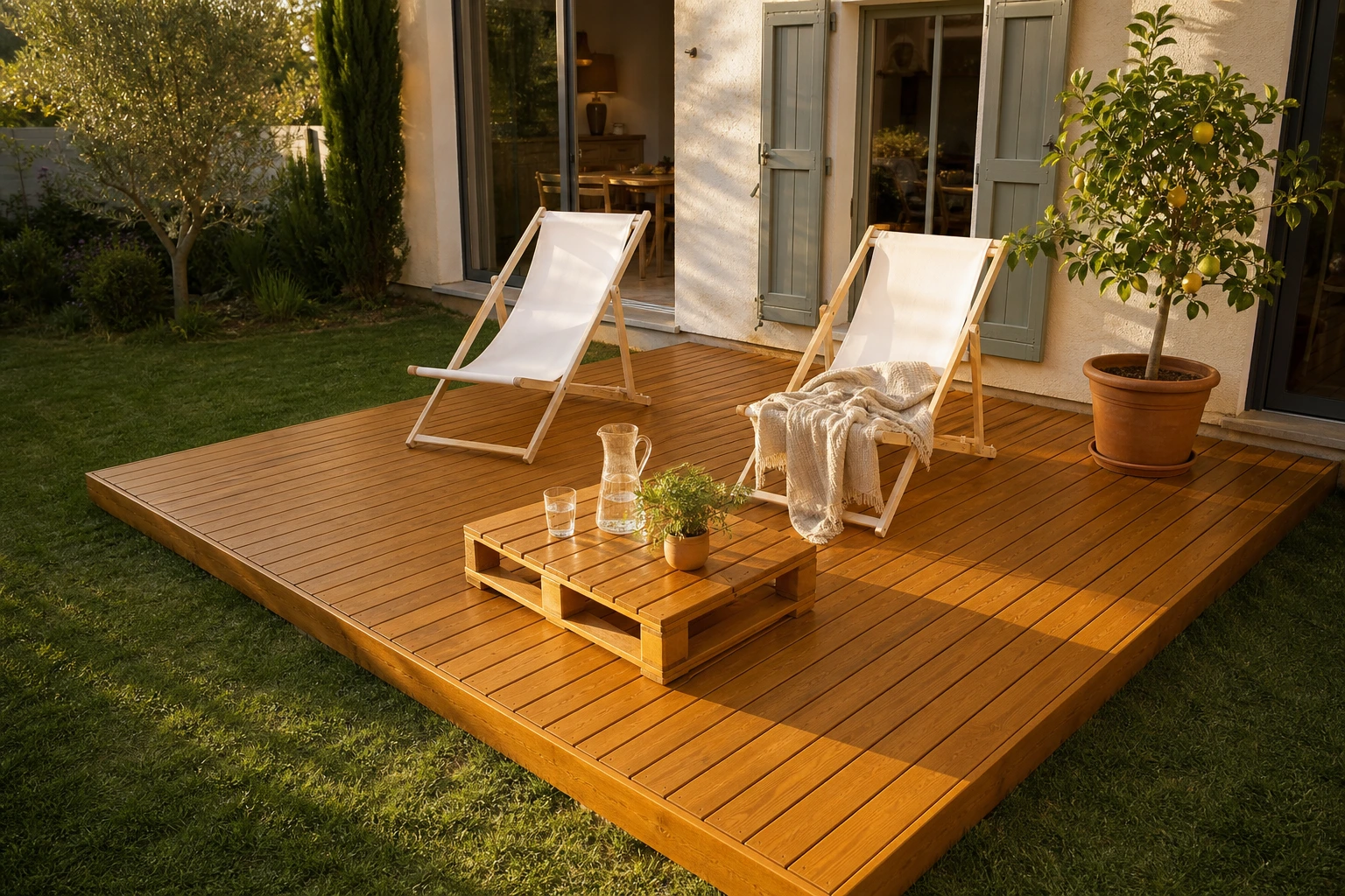 Terrasse en palettes finie teinte miel avec transats en bois et citronnier en pot dans un jardin