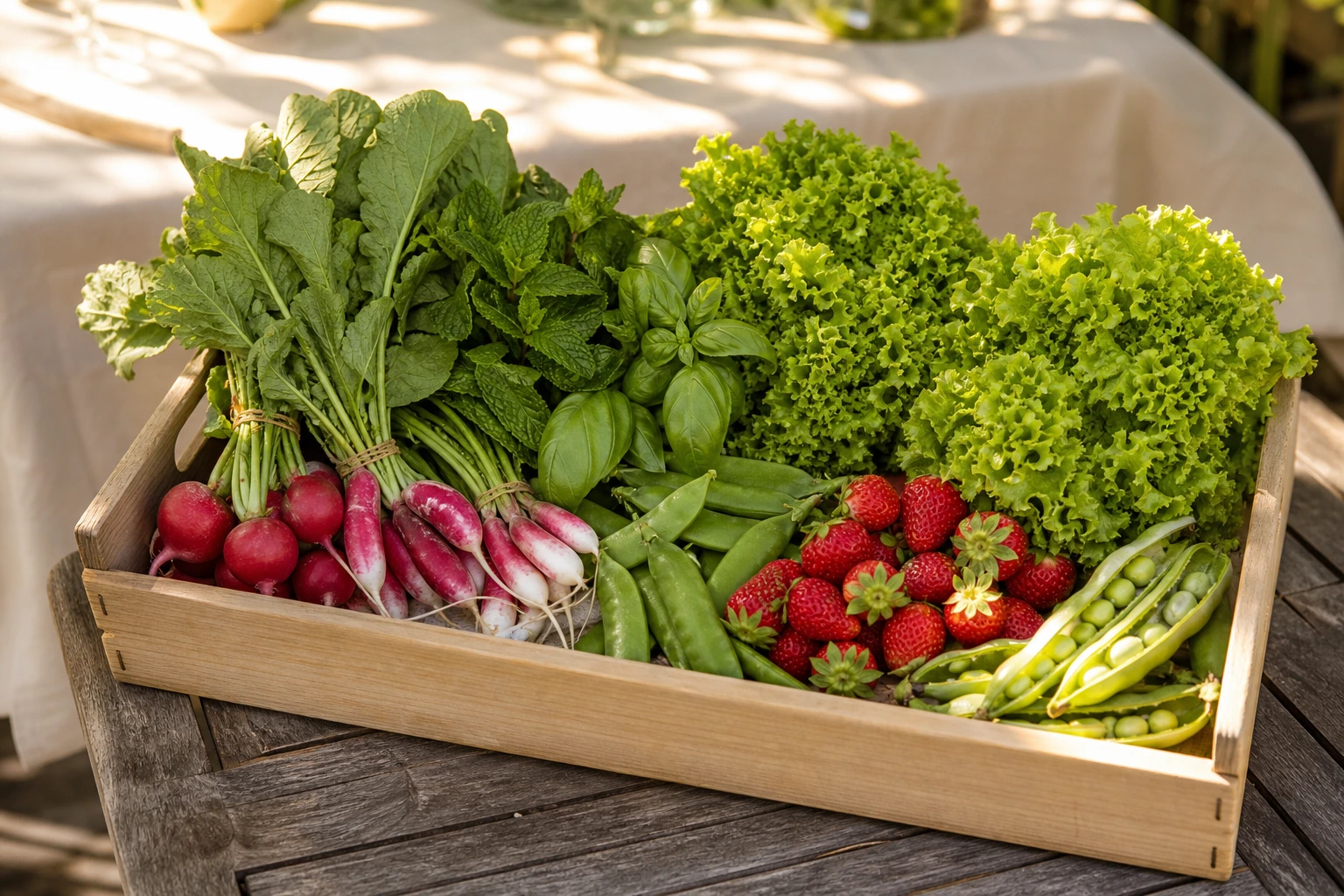 Cagette de premières récoltes du potager en juin : radis, petits pois, fèves, fraises, salades
