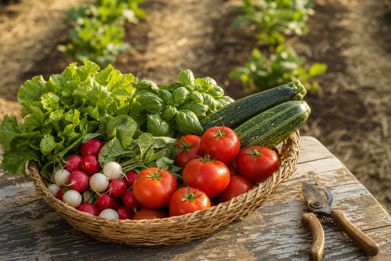 Panier de récolte du potager en juin avec tomates, courgettes, radis, basilic et salade