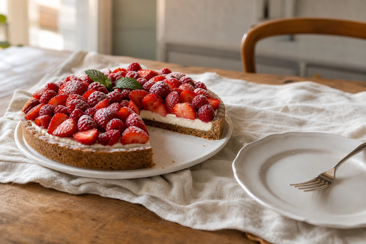 Tarte fraises framboises sans cuisson tranchée, vue en coupe sur les trois couches biscuit-mascarpone-fruits