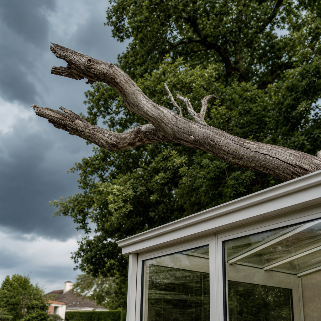 Branche morte d'un chêne mature surplombant une véranda, à élaguer avant la saison des tempêtes