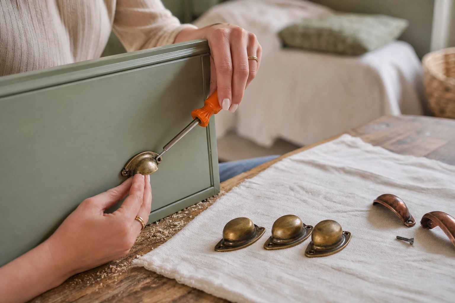 Remplacement des poignées d'une commode relookée par des modèles en laiton vieilli
