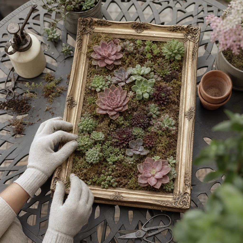Cadre récup' végétalisé de succulentes : echeveria, sedum, sempervivum sur sphaigne