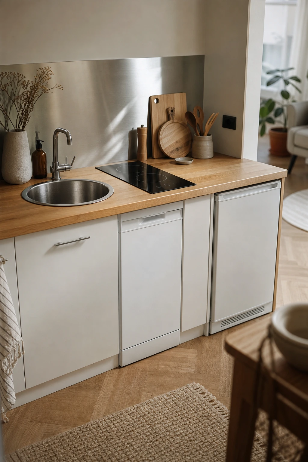 Cuisine équipée d'un lave-vaisselle 45 cm, plaque domino deux feux et frigo sous plan