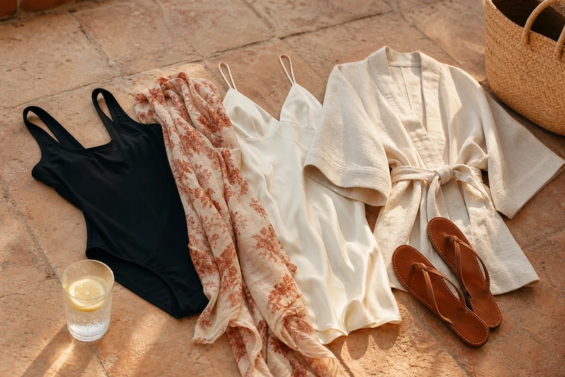 Cinq pièces plage et nuit : maillot noir, paréo floral, robe slip ivoire, kimono lin et tongs cuir