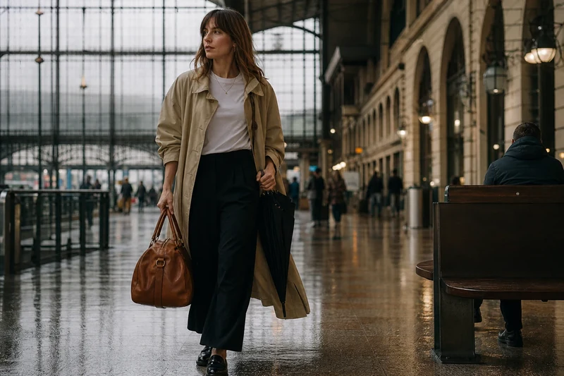 Trench oversize gabardine, pantalon palazzo noir et mocassins en gare