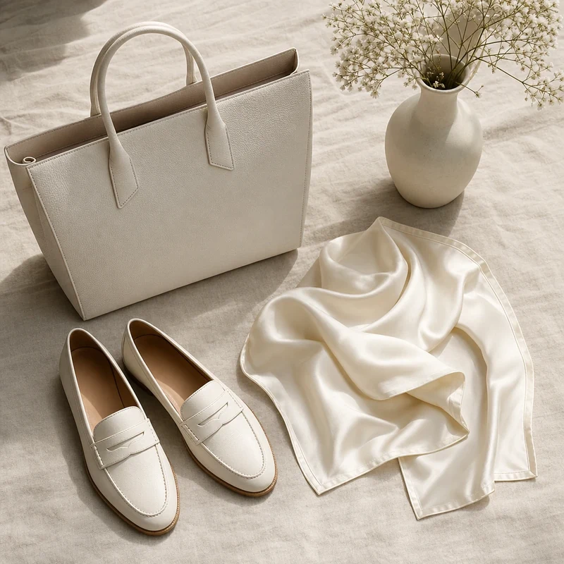 Accessoires Cloud Dancer : sac tote en cuir grainé, mocassins penny et foulard en soie