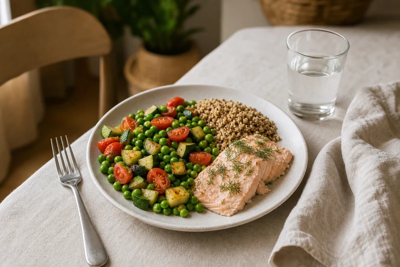 Assiette équilibrée avec moitié de légumes, quart de poisson et quart de céréales complètes