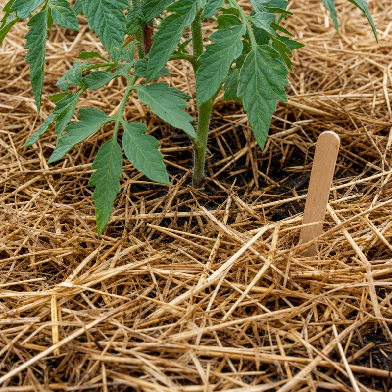 Paillage de paille au pied d'un plant de tomate Cornue des Andes
