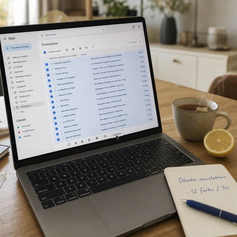 Boîte mail française avec courriels sélectionnés pour suppression et carnet de suivi des désabonnements