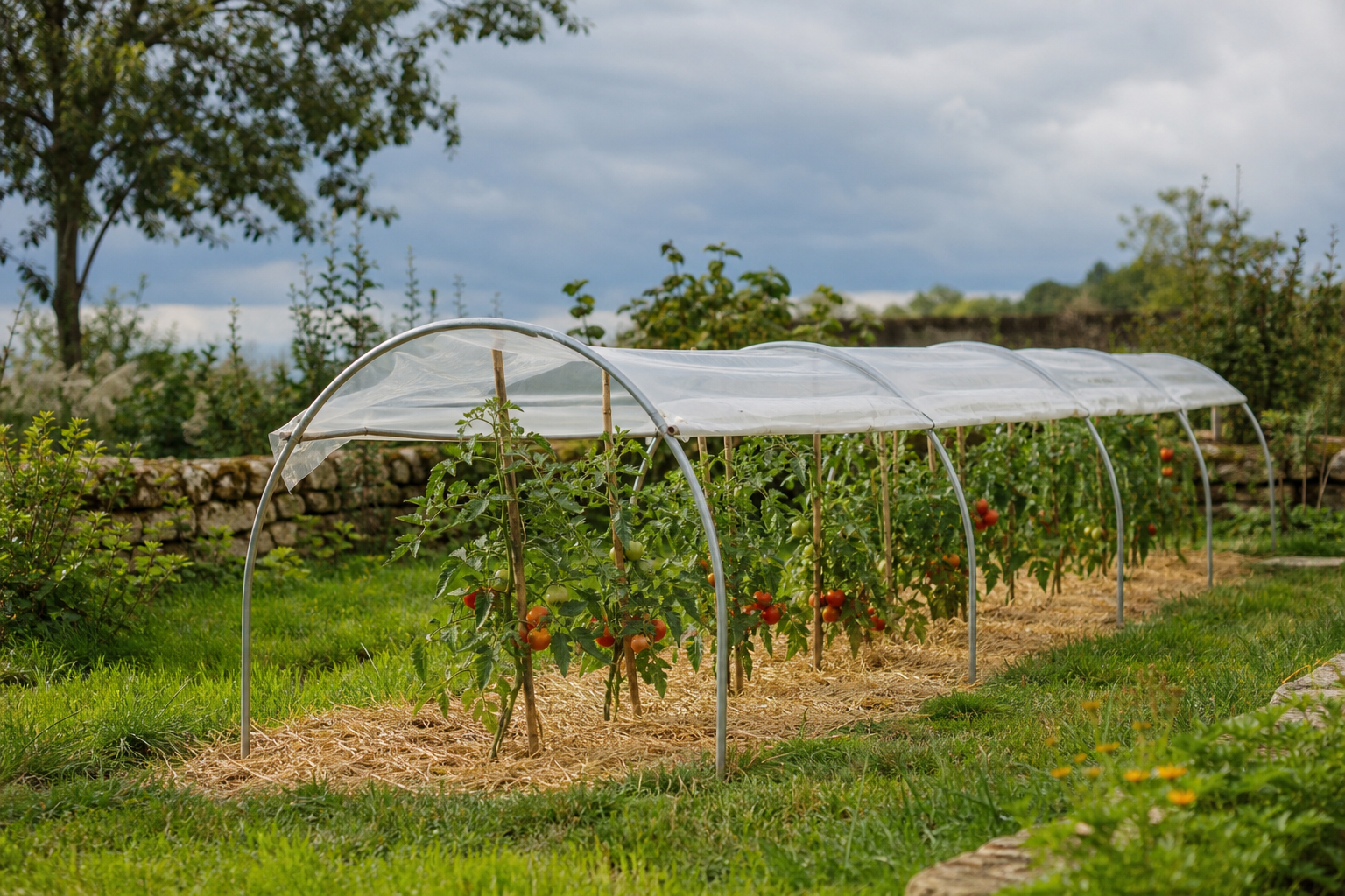 Petit tunnel transparent protégeant un rang de tomates de la pluie tout en restant aéré