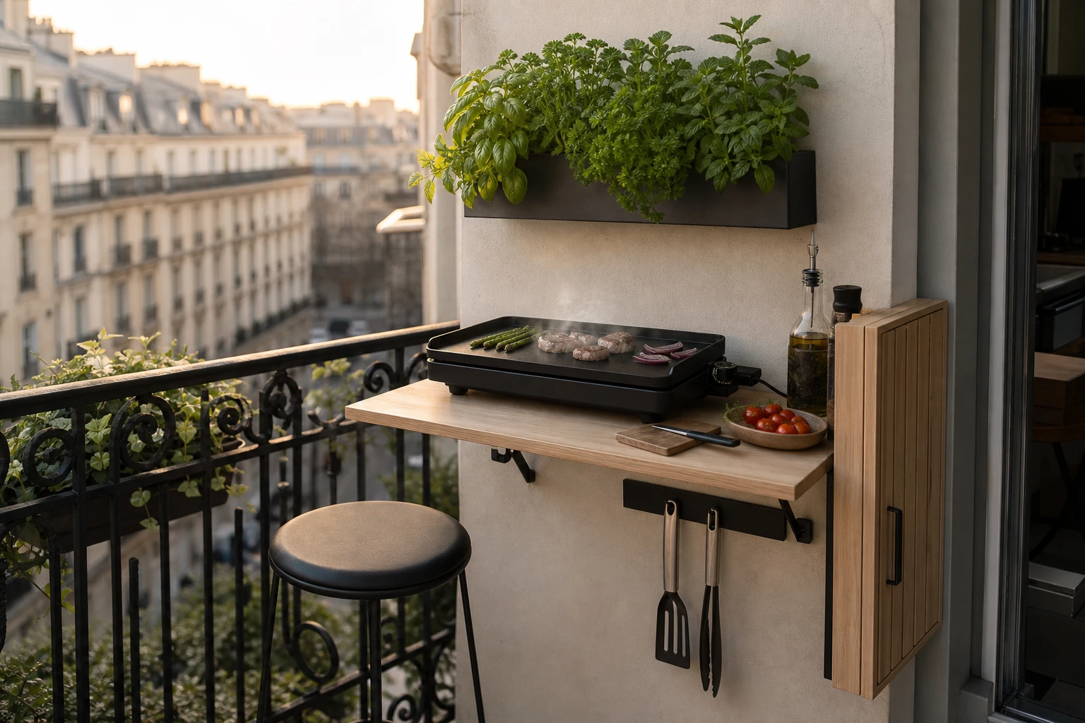 Coin cuisine outdoor compact aménagé sur un balcon parisien de 6 m² avec plancha électrique murale