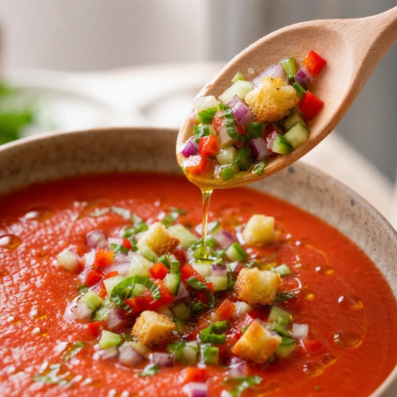 Garniture du gaspacho avec brunoise de concombre, poivron, croûtons dorés et basilic ciselé