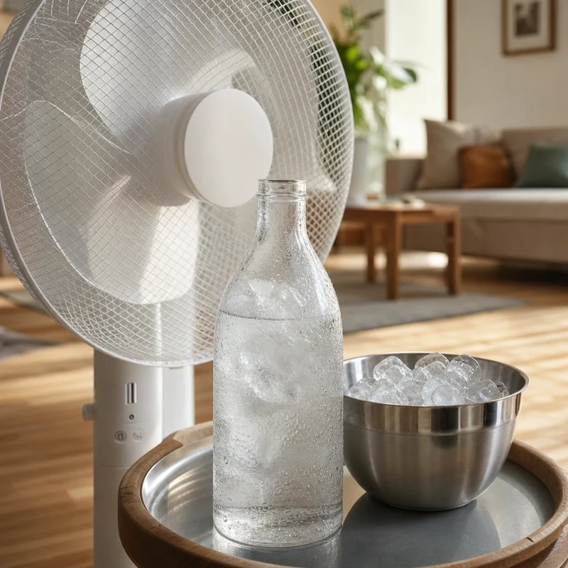 Ventilateur avec bouteille d'eau gelée et saladier de glaçons devant les pales