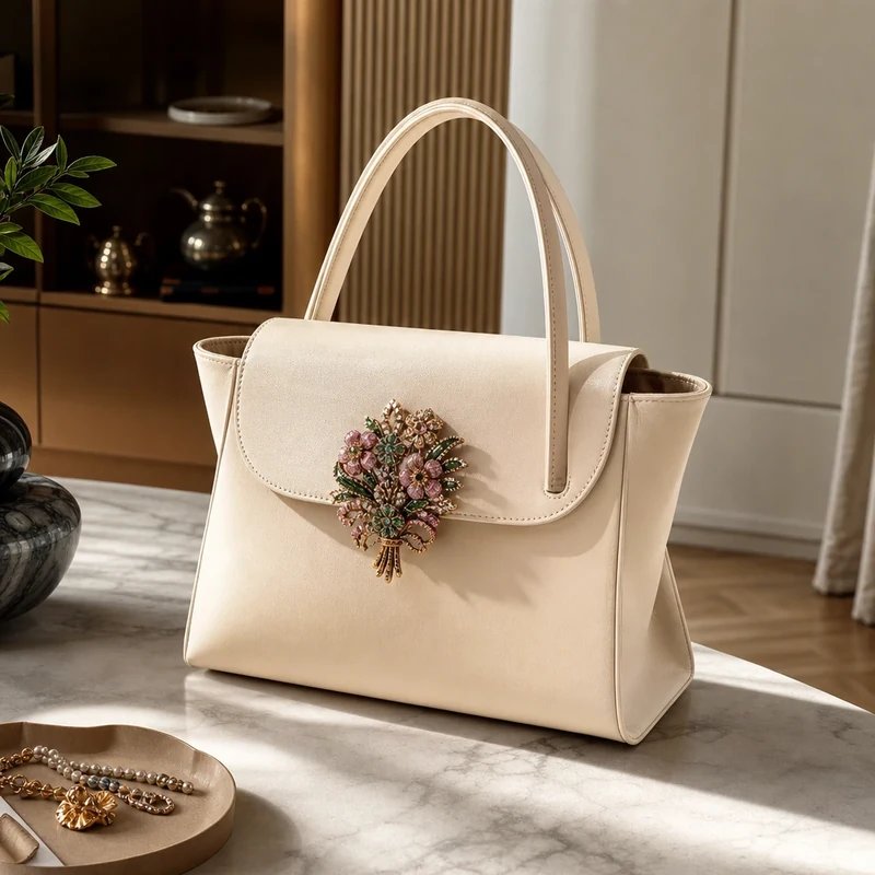 Sac cabas beige avec broche vintage en strass colorés épinglée sur le rabat
