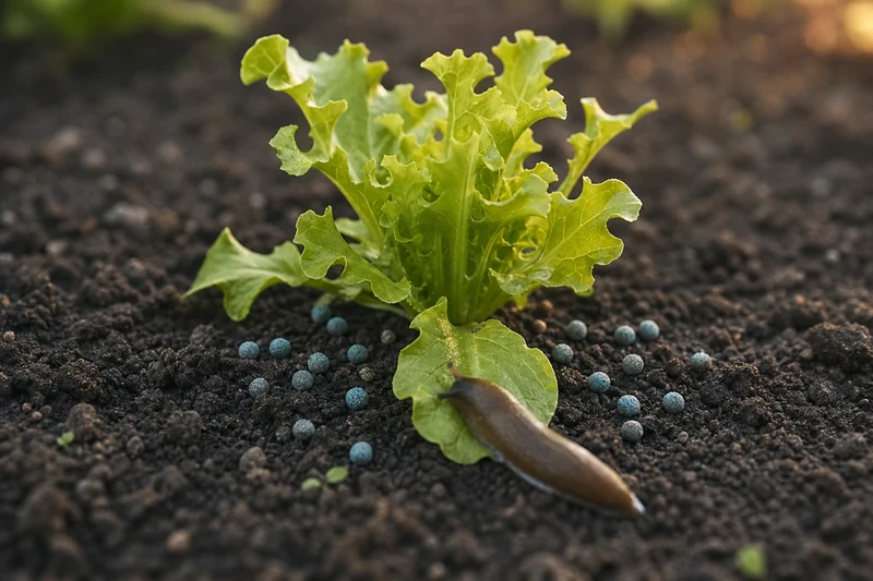 Granulés de phosphate ferrique répartis autour d'un plant de salade pour lutter contre les limaces