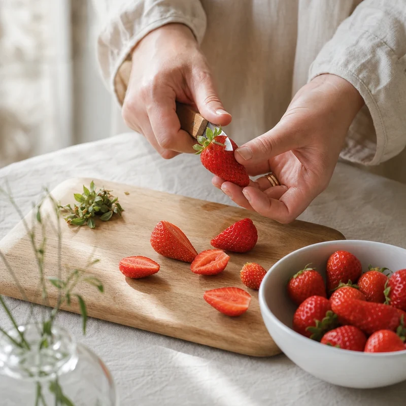 Préparation des fraises Gariguette : équeutage et découpe en deux