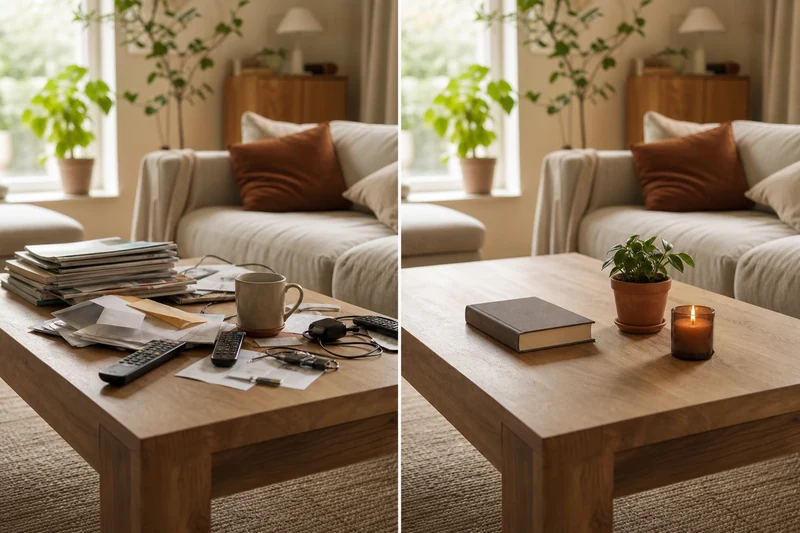 Comparaison avant-après d'une table basse rangée en 15 minutes