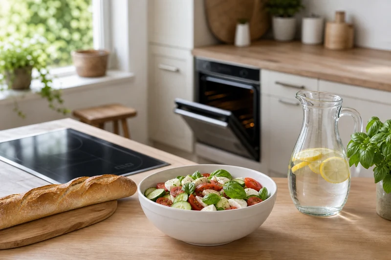 Cuisine française avec four éteint et plat froid préparé pour éviter de chauffer la pièce
