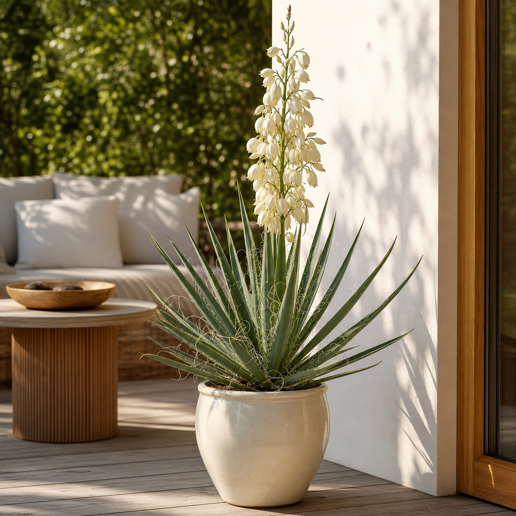 Yucca filamentosa en fleurs en pot terre cuite émaillée crème