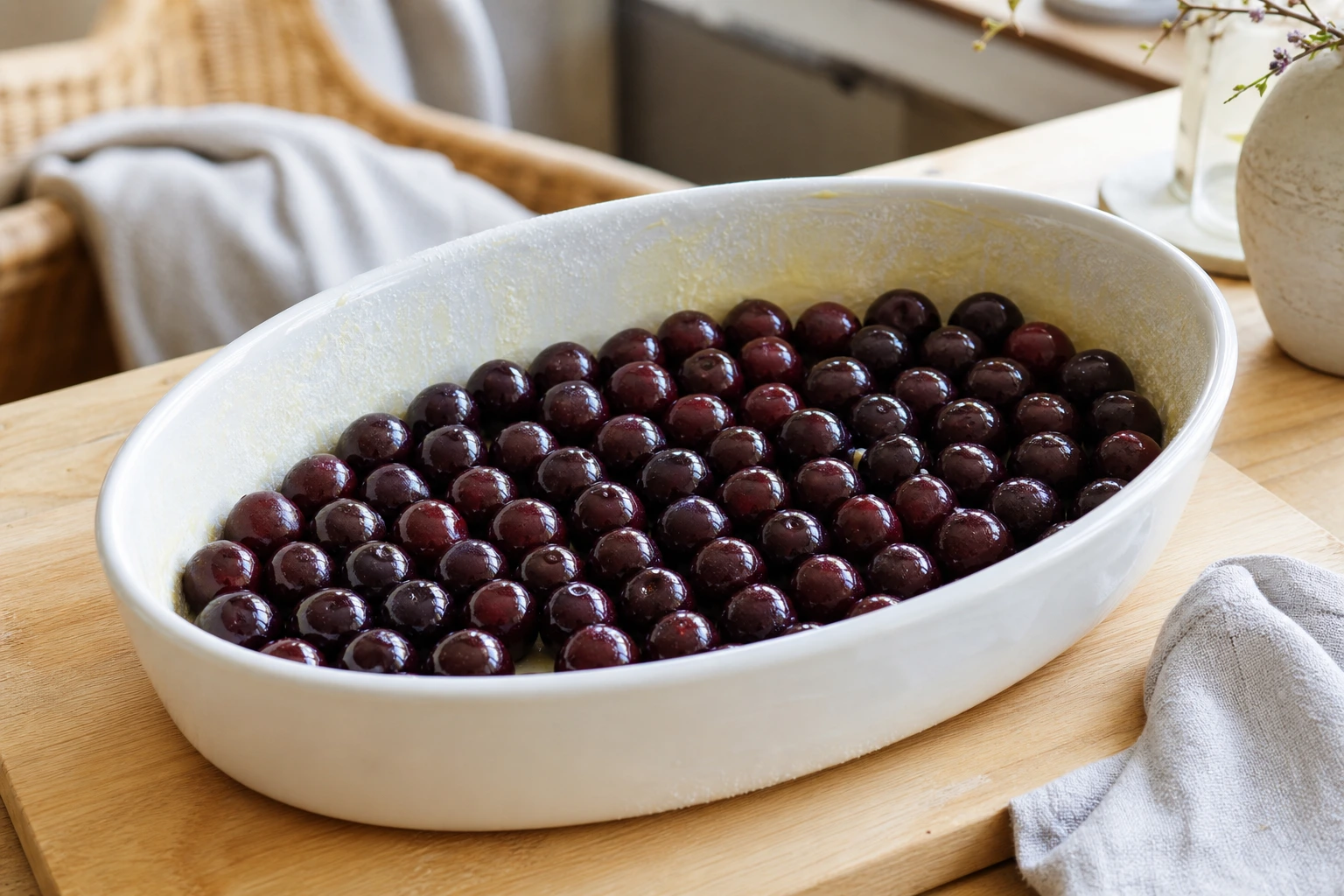 Cerises disposées dans le plat à gratin beurré avant de verser la pâte