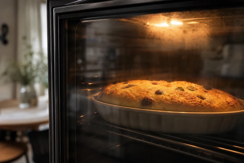 Clafoutis aux cerises en train de cuire dans le four à 180°C