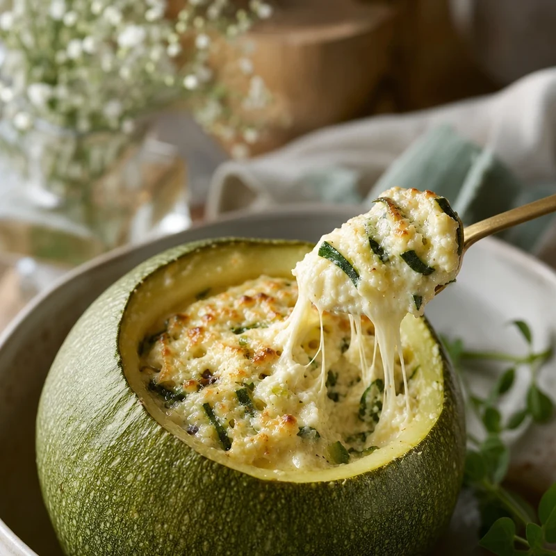 Coupe d'une courgette farcie au chèvre montrant la texture fondante de la farce
