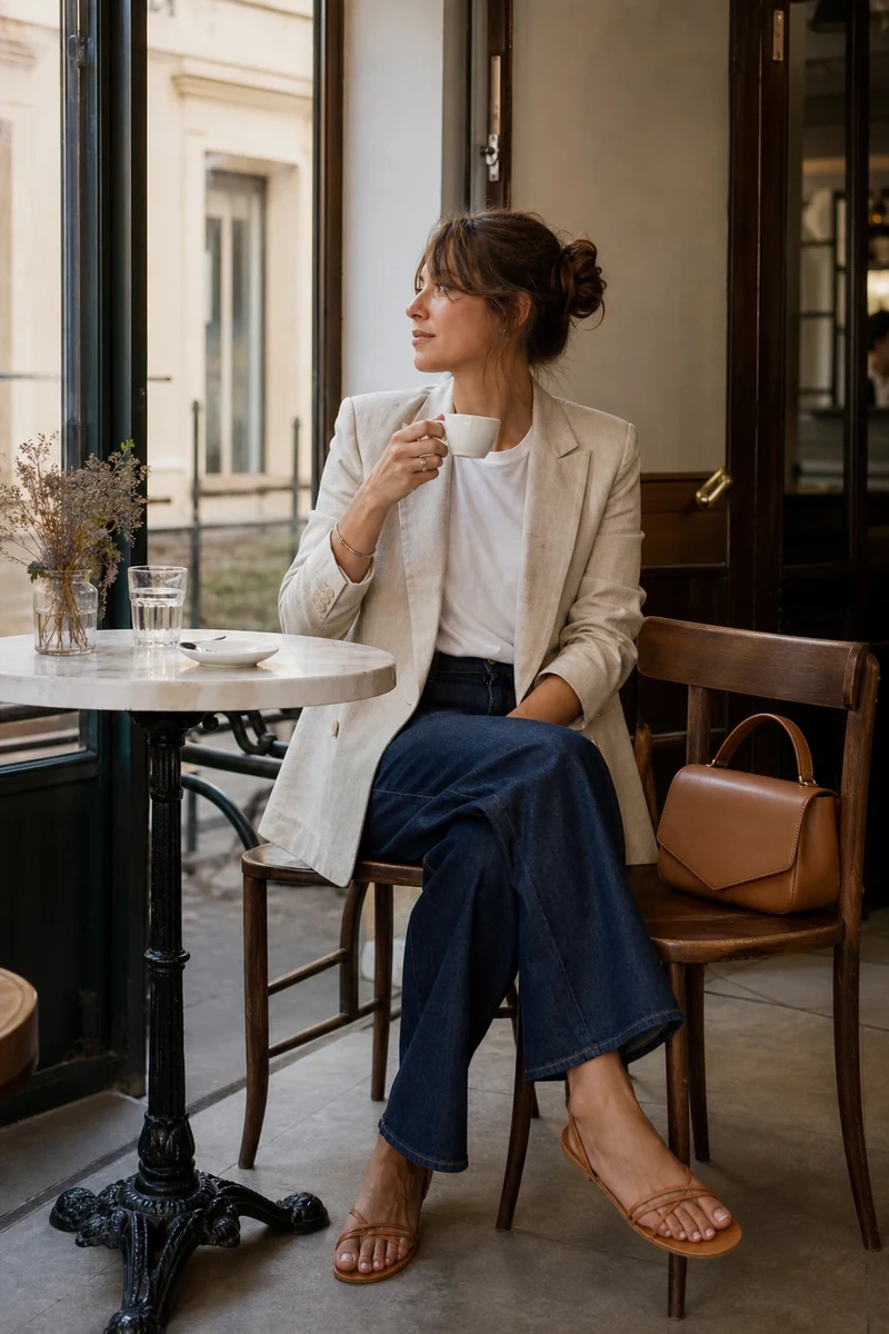 Blazer en lin écru sur tee-shirt blanc et jean wide-leg brut, look terrasse