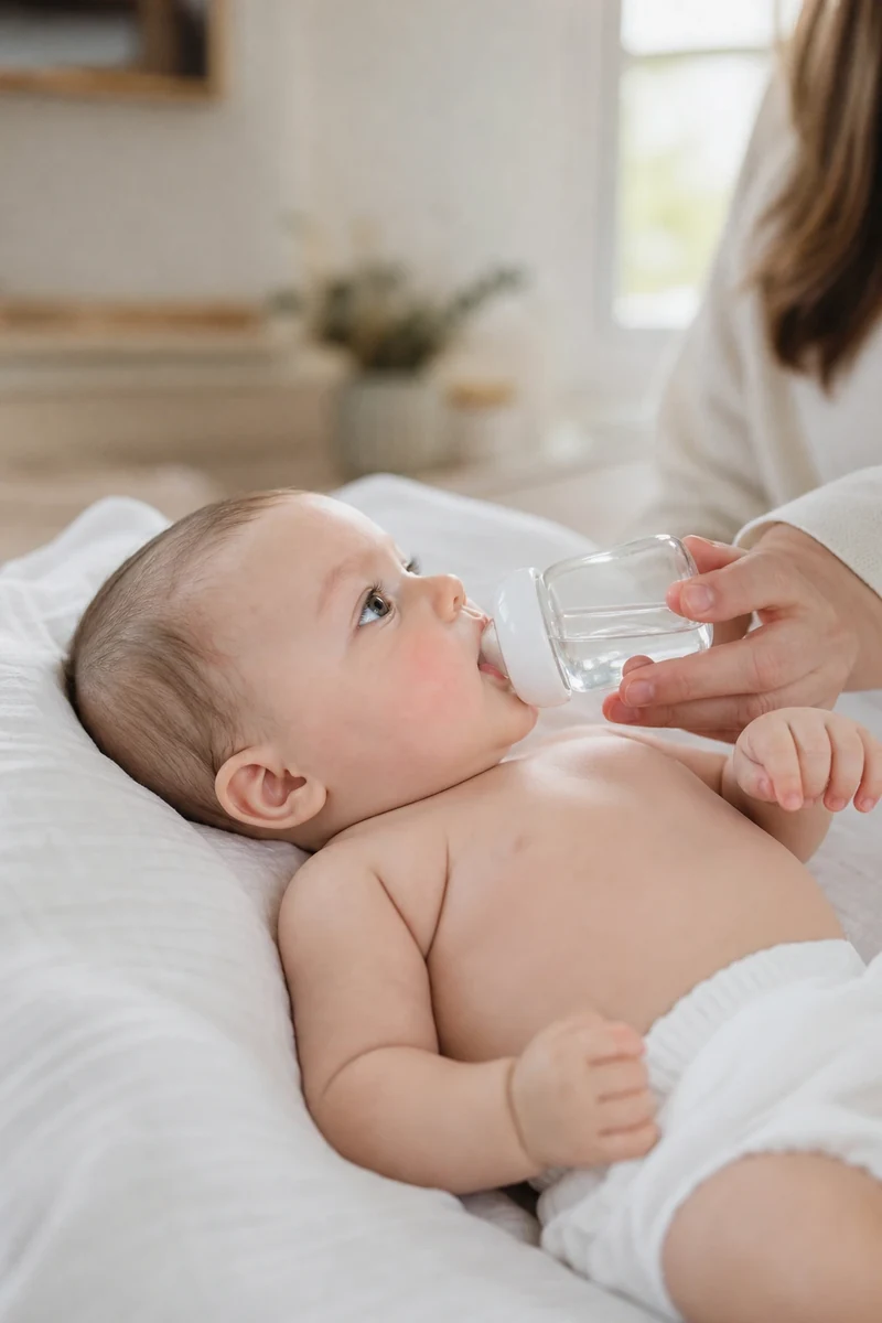 Bébé en couche hydraté au biberon d'eau pendant une vague de chaleur