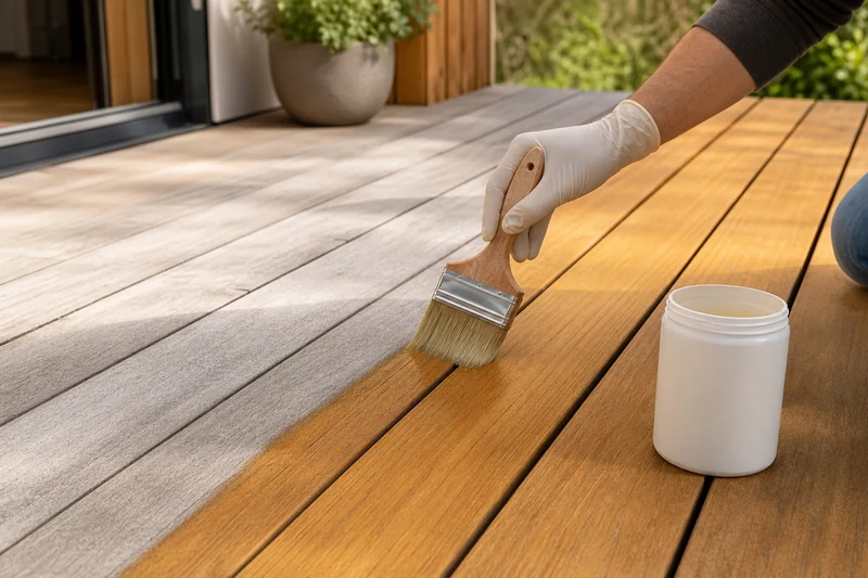Application d'un saturateur sur une terrasse en teck avant l'été