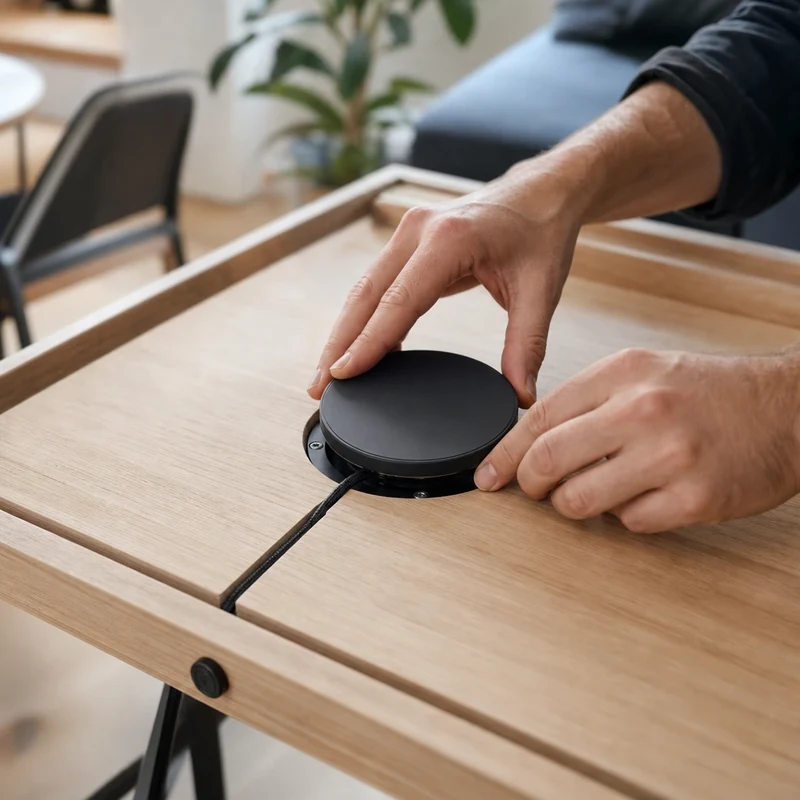 Pose du module chargeur à induction dans la cavité fraisée sous le plateau du bureau vintage