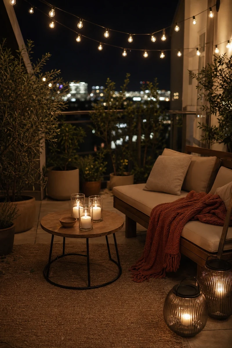 Petit balcon éclairé le soir : guirlande guinguette, lanternes solaires et bougies dans des photophores