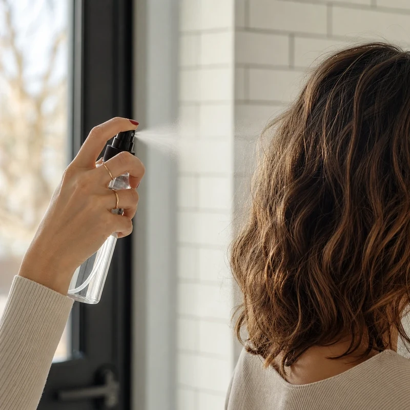 Application d'un spray texturisant sur les longueurs d'une Soft Wolf Cut châtain