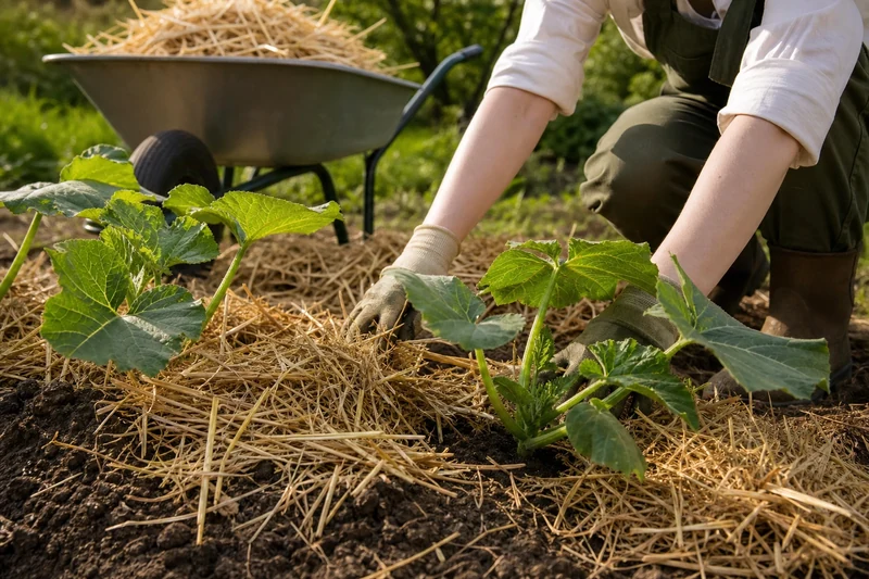 Paillage de paille au pied de jeunes plants de courgettes
