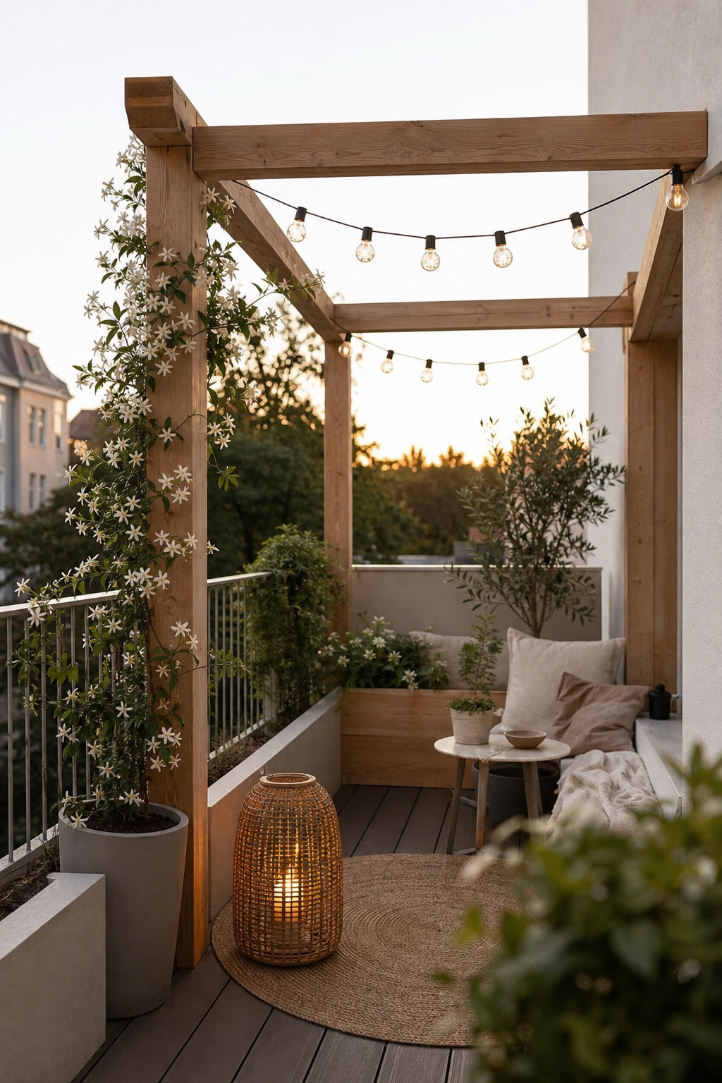 Mini-pergola bois brut sur balcon avec jasmin grimpant et guirlande guinguette