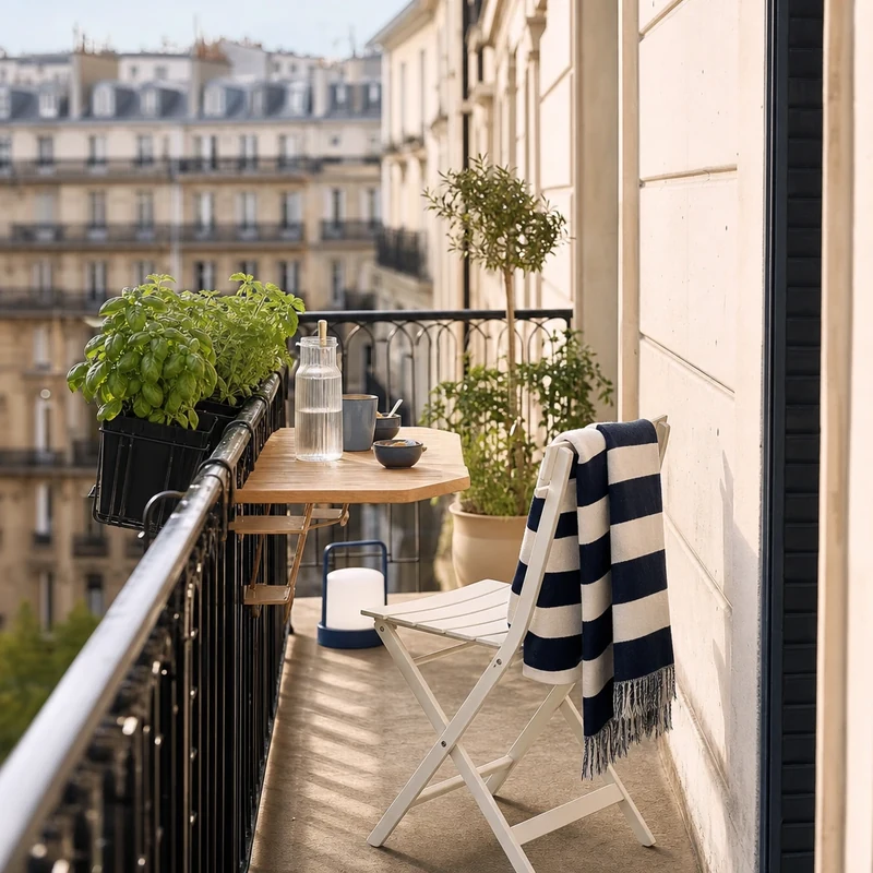 Petit balcon urbain de 4 m² avec tablette pliante rambarde chaise blanche et lampe nomade bleue