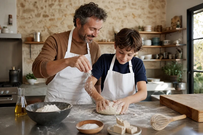Atelier cuisine parent-enfant père et fils pétrissant une pâte à pain