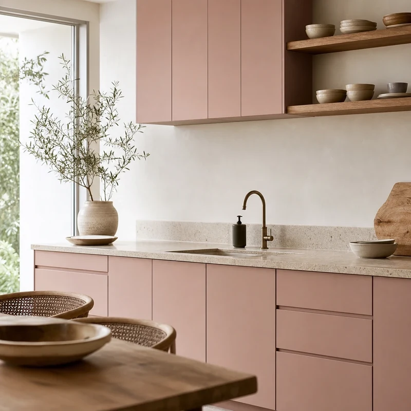 Cuisine en argile rosé mat avec plan de travail granit sable et étagère bois