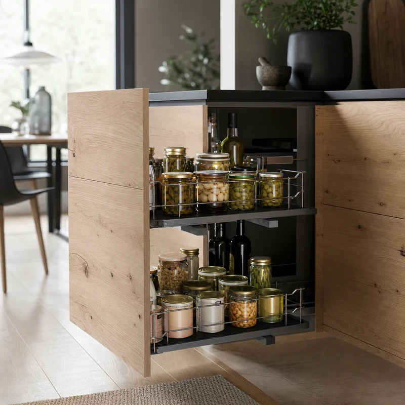 Meuble d'angle cuisine avec plateau pivotant et paniers chargés