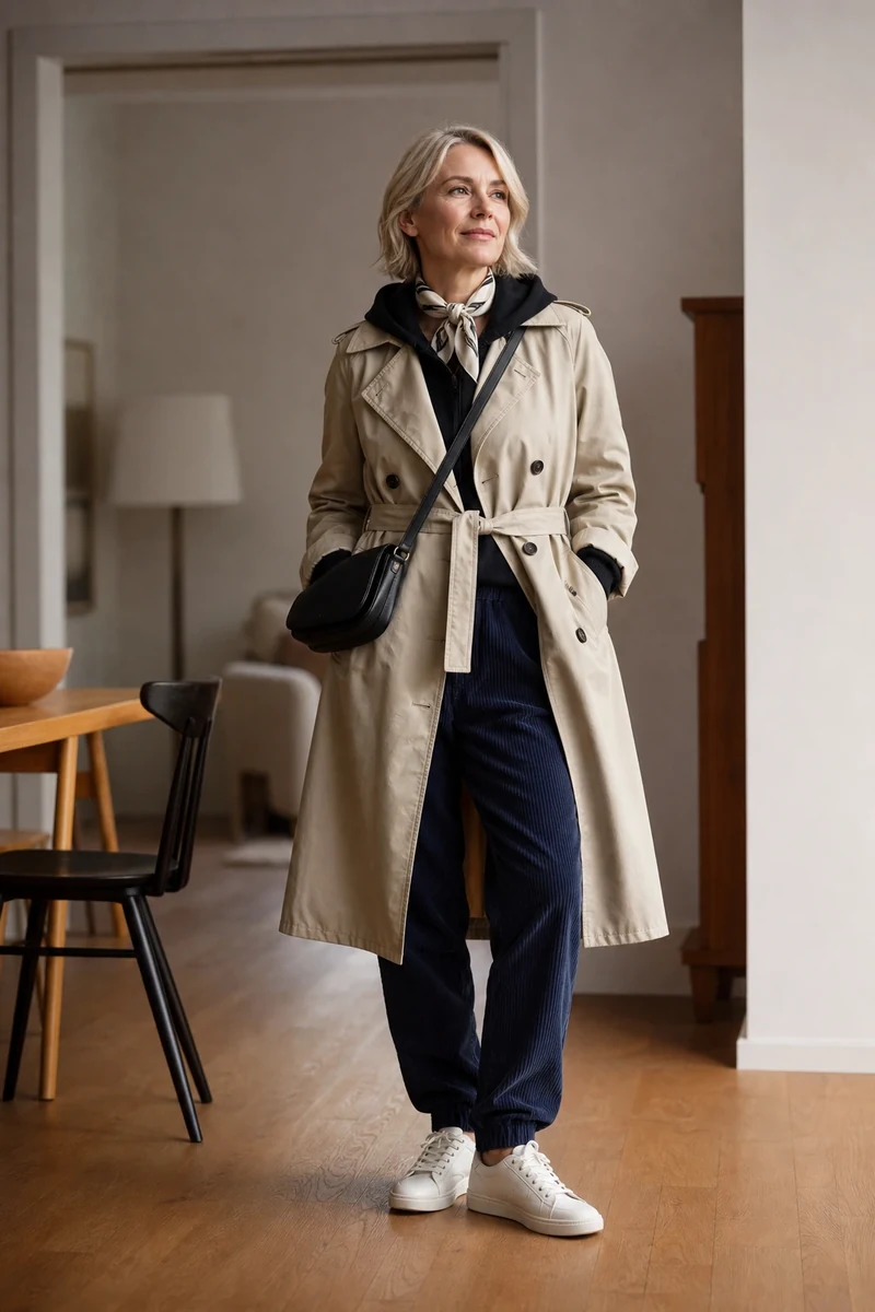 Look 6 streetwear chic : trench beige sur hoodie noir et jogging velours marine