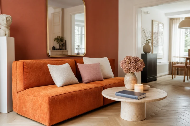 Salon avec canapé orange tangerine, mur terracotta et coussins rose tendre et bleu Marina