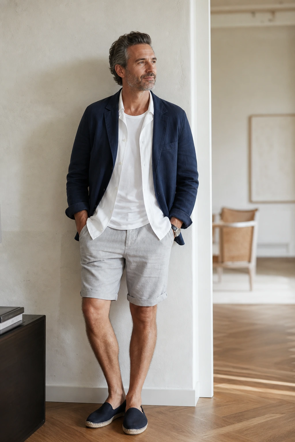 Look chic homme 40 ans avec blazer en lin et bermuda gris perle