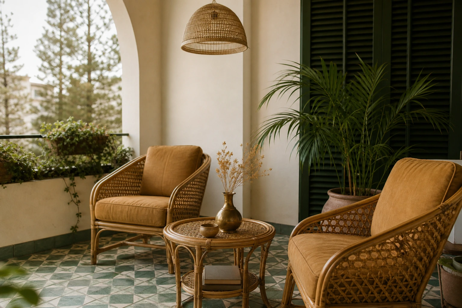 Balcon rétro avec deux fauteuils en rotin cannage, table basse, kentia et carreaux de ciment
