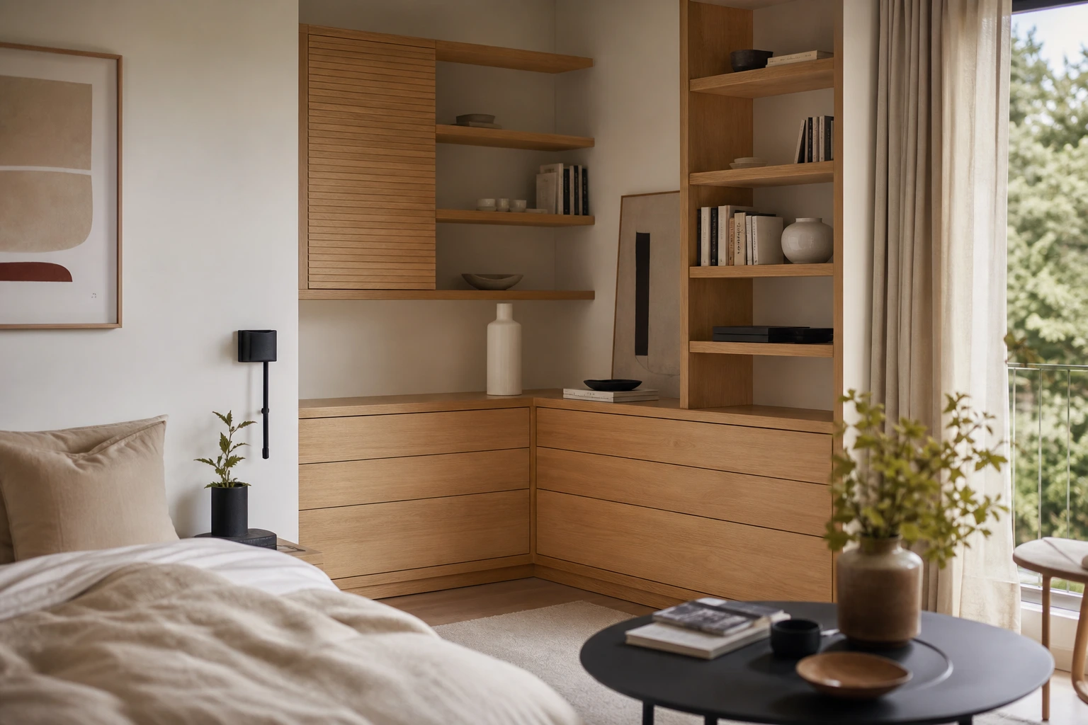 Meuble sur mesure exploitant un angle perdu dans un petit appartement