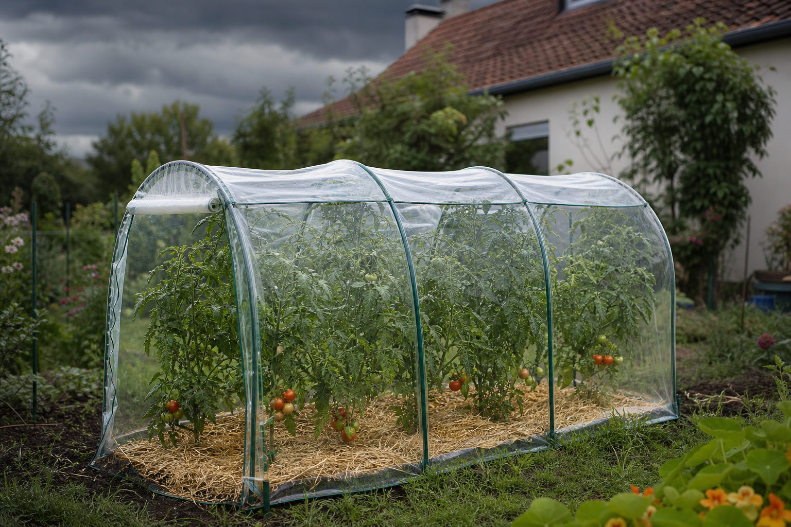 Petite serre tunnel transparente protégeant quatre pieds de tomates avant un orage